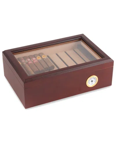 Bey-berk Havana Walnut 75-cigar Humidor With Glass Viewing Top & Spanish Cedar Lining In Brown
