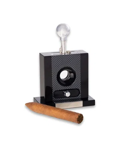 Bey-berk Lacquered Carbon Fiber Design Wood And Stainless Steel Table Top Guillotine Cigar Cutter With Drawer In Black