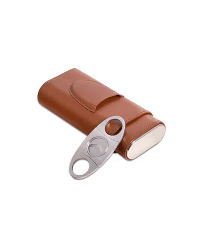 Bey-berk Leather Three Cigar Holder With Stainless Steel Cutter In Brown
