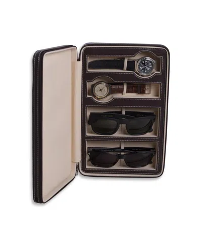 Bey-berk Leather Two Watch And Two Sunglass Travel Case With Form Fit Compartments With Zipper Closure. In Brown