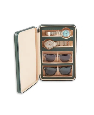 Bey-berk Leather Two Watch And Two Sunglass Travel Case With Form Fit Compartments With Zipper Closure. In Green