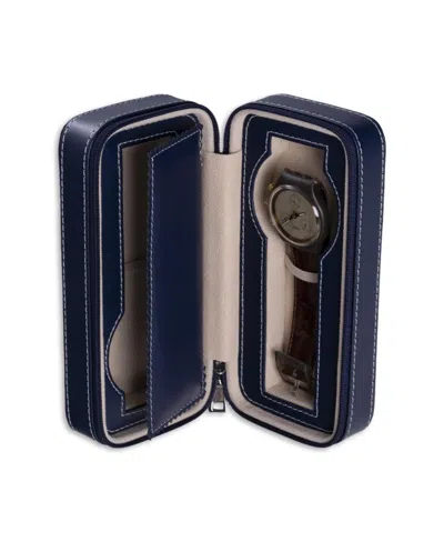 Bey-berk Leather Two Watch Travel Case With Form Fit Compartments, Center Divider To Prevent Watches From Tou In Blue