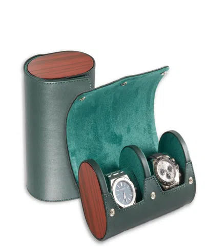 Bey-berk Leather Two Watch Travel Case With Snap Closure And Wooden Side Paneling In Green