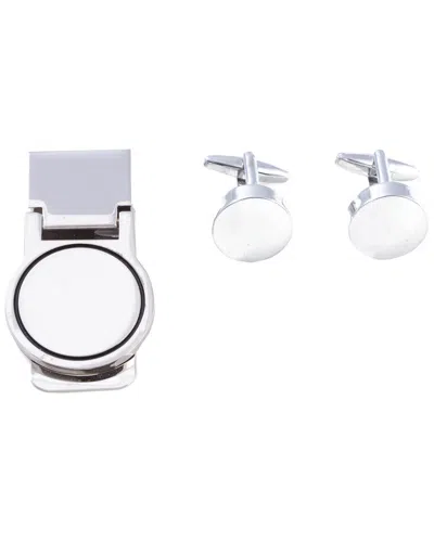 Bey-berk Silver Plated Circular Design Cufflink & Money Clip Set In Metallic
