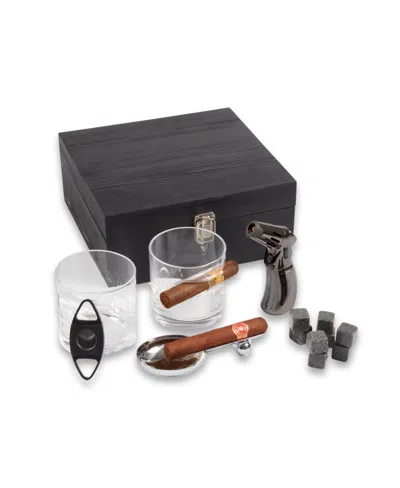 Bey-berk Whisket Set With 2 Glasses, Stones, Lighter, Cigar Cutter, And Ashtray In Black