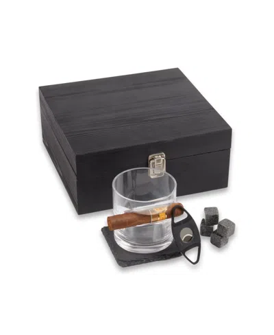 Bey-berk Whisky Set With Glass, Stones, Coaster, And Cigar Cutter In Black