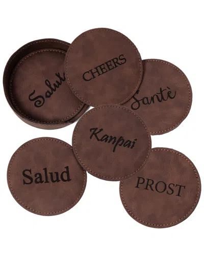 Bey-berk 6 Cheers Coaster Set With Holder In Brown
