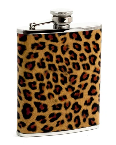 Bey-berk 6oz Stainless Steel Leopard Pattern Flask In Brown