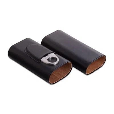 Bey-berk Black Leather Three Cigar Holder With Stainless Steel Cutter