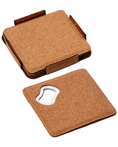Bey-berk Cameron 4 Cork Coasters Set With Bottle Opener In Brown