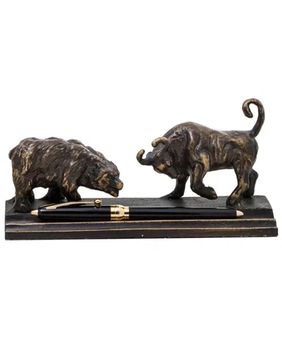 Bey-berk Cast Metal Bull & Bear Double Pen Holder In Brown