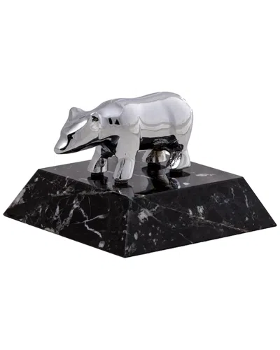 Bey-berk Chrome Plated Bear Paperweight On Black Zebra Marble