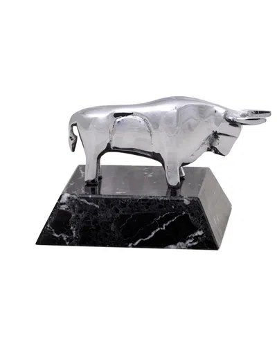 Bey-berk Chrome Plated Bull Paperweight On Black Zebra Marble