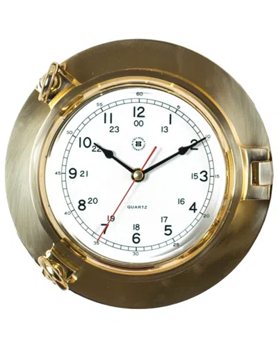 Bey-berk Lacquered Brass Porthole Quartz Silent Clock In Brown