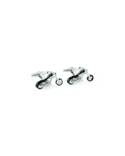Bey-berk Rhodium Plated & Black Enamel Motorcycle Design Cufflinks