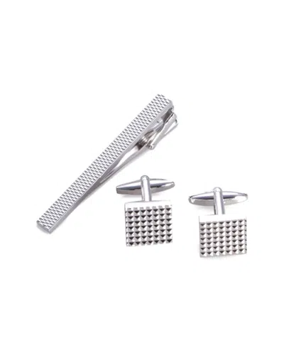 Bey-berk Rhodium Plated Checkered Design Cufflinks & Tie Pin Set