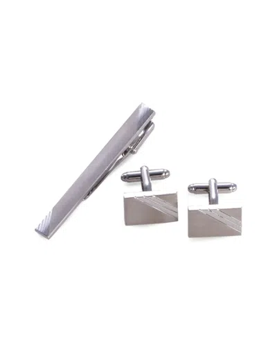 Bey-berk Rhodium Plated Satin Finish & Striped Design Cufflinks & Tie Pin Set