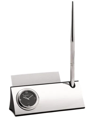 Bey-berk Silver Plated Desk Quartz Clock With Business Card