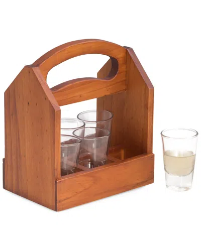 Bey-berk Solid Wood Six Shot Glass Caddy In Brown