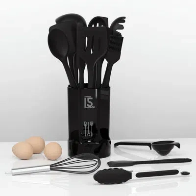 Beyond 15 Pcs Silicone Cooking Utensil Set, Kitchen Utensils Set,  Black