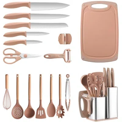 Beyond 17 Pcs Silicone Cooking Utensil Set, Kitchen Utensils Set And Knife Set, Mousse In Brown
