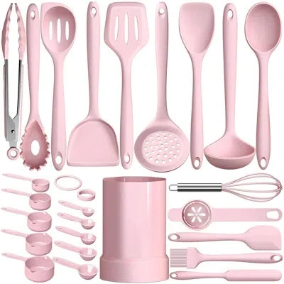 Beyond 25 Pcs Silicone Cooking Utensil Set, Stainless Steel Kitchen Utensils Set, Pink