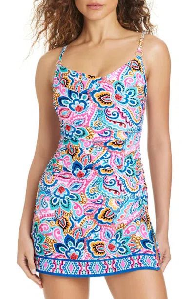 Beyond Control Border Print Shirred Swim Dress In Multi