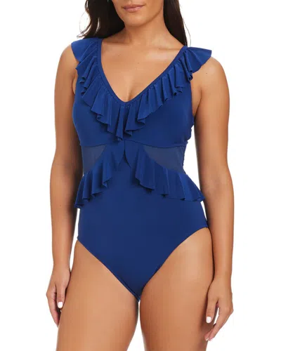 Beyond Control Swimwear Solid Essentials Ruffle One Piece In Deep Sea