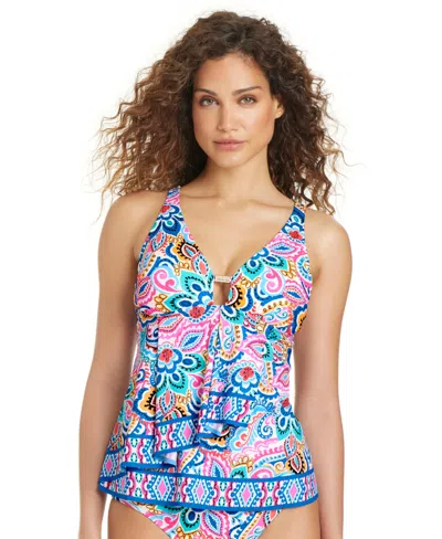 Beyond Control Women's Artistic Paisley Front Cascade Adjustable Straps Tankini Top In Multi