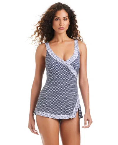 Beyond Control Women's Block-print Over-the-shoulder Surplice Swim Dress In Blue