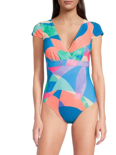 Beyond Control Women's Cap-sleeve Abstract One-piece Swimsuit In Blue Multi