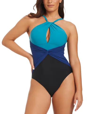 Beyond Control Women's Coastal Colorblock Twisted Halter One-piece Swimsuit In Mazari Palm
