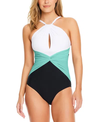 Beyond Control Women's Colorblocked High-neck Keyhole Twist-detail One-piece Swimsuit In Blue