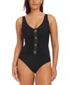 Beyond Control Women's Faux-leather V-neck One-piece Swimsuit In Black