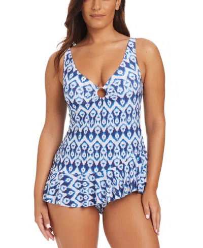 Beyond Control Women's Fine Ikat Ring Ruffle Swim Dress In Blue
