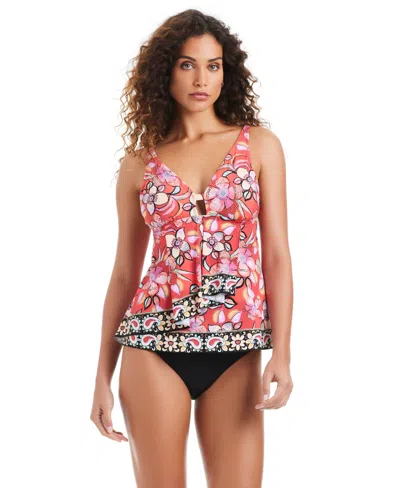 Beyond Control Women's Flame Palmette Over-the-shoulder Tankini In Pink