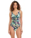 Beyond Control Zipper Front V Neck One Piece Swimsuit In Blue