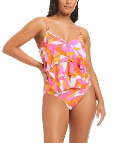 Beyond Control Women's Geometric Overlay One-piece Swimsuit In Pink Multi