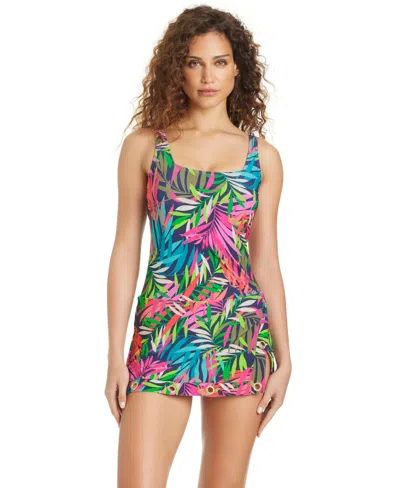 Beyond Control Women's Love Me Or Leaf Me Underwire Square Neck Grommets One-piece Swim Dress In Blue