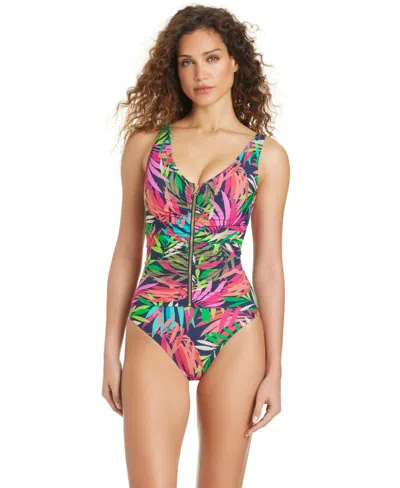 Beyond Control Women's Love Me Or Leaf Me Zipper-front V-neck One-piece Swimsuit In Multi