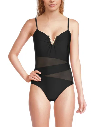 Beyond Control Women's Mesh Insert V-neck One-piece Swimsuit In Black