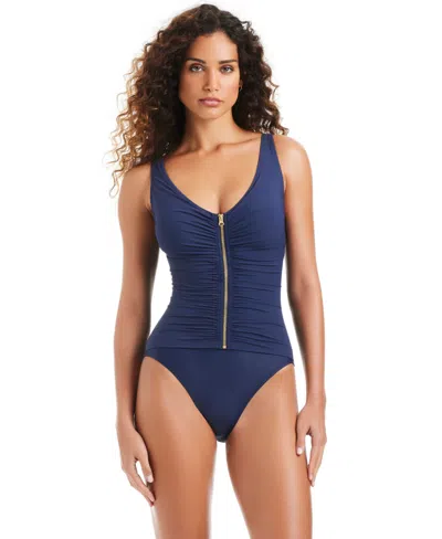Beyond Control Women's Mio Over-the-shoulder Zipper Front V-neck Swimsuit In Blue