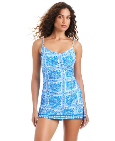 Beyond Control Women's Over-the-shoulder Scoop Neck Swim Dress In Blue