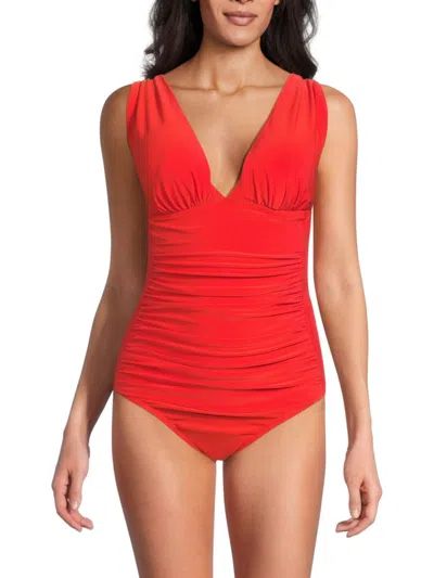 Beyond Control Women's Plunge Ruched One-piece Swimsuit In Habanero