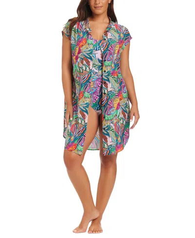 Beyond Control Women's Printed Button-front Cover-up Shirt In Multi