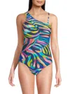 Beyond Control Women's Printed One-shoulder Mesh One-piece Swimsuit In Blue Multi