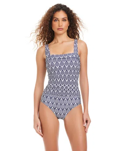 Beyond Control Women's Printed Square Neck One Piece Swimsuit In Blue