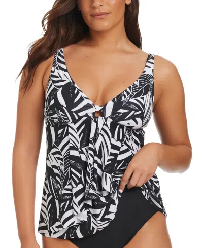 Beyond Control Women's Sharp Observation Printed Cascading-front Tankini In Black,white