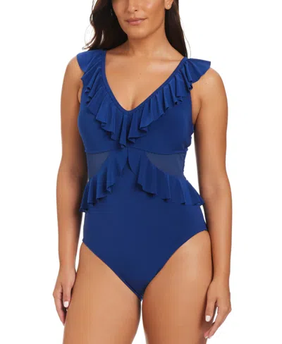 Beyond Control Women's Solid Essentials Mesh Cut-out One-piece Swimsuit In Deep Sea