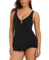Beyond Control Women's Solid Essentials O-ring Ruffled Swim Dress In Black